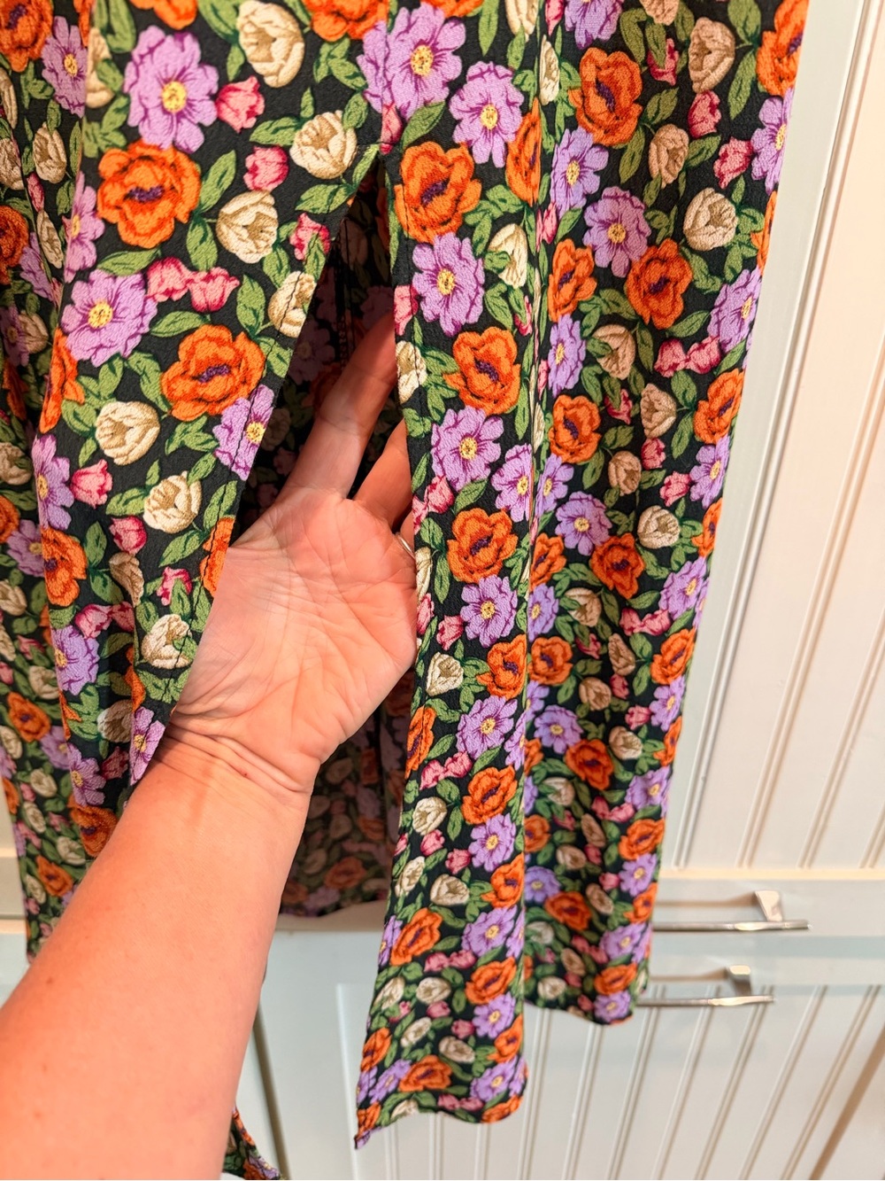 Floral Midi Skirt in Black with Orange & Purple Flowers - L - Picture 3 of 6